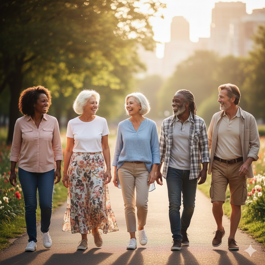 Grupo de idosos ativos caminhando juntos em parque