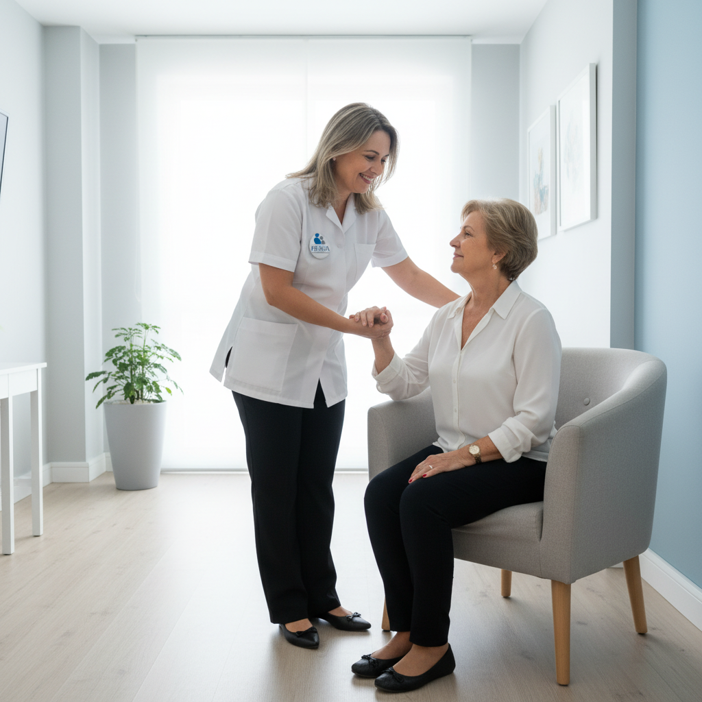 Assessora auxiliando idoso